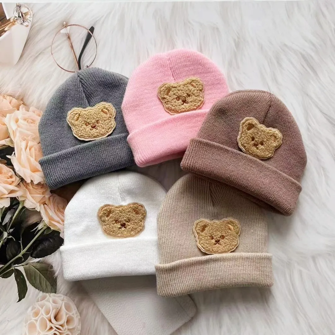 Winter Baby Beanie Cap Cartoon Bear Ear Protection Knitted Hat for Toddler Boys Girls Cute Korean Warm Kids Crochet Hats Gorros