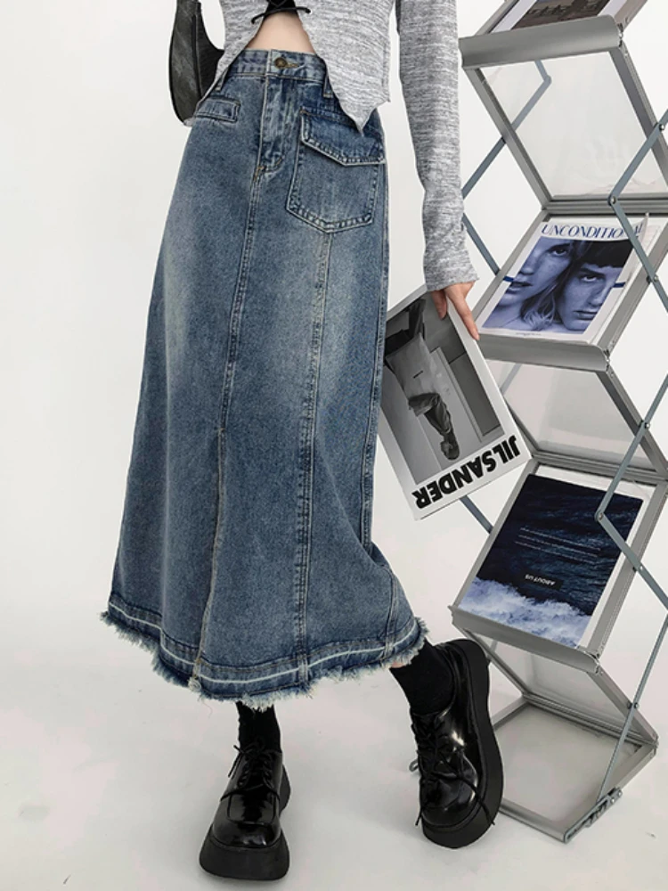 Skirts Women Leisure Pockets Denim Fashion Korean Style S-5XL Simple Solid Slit Autumn Student A-line Empire Clothes Midi Faldas