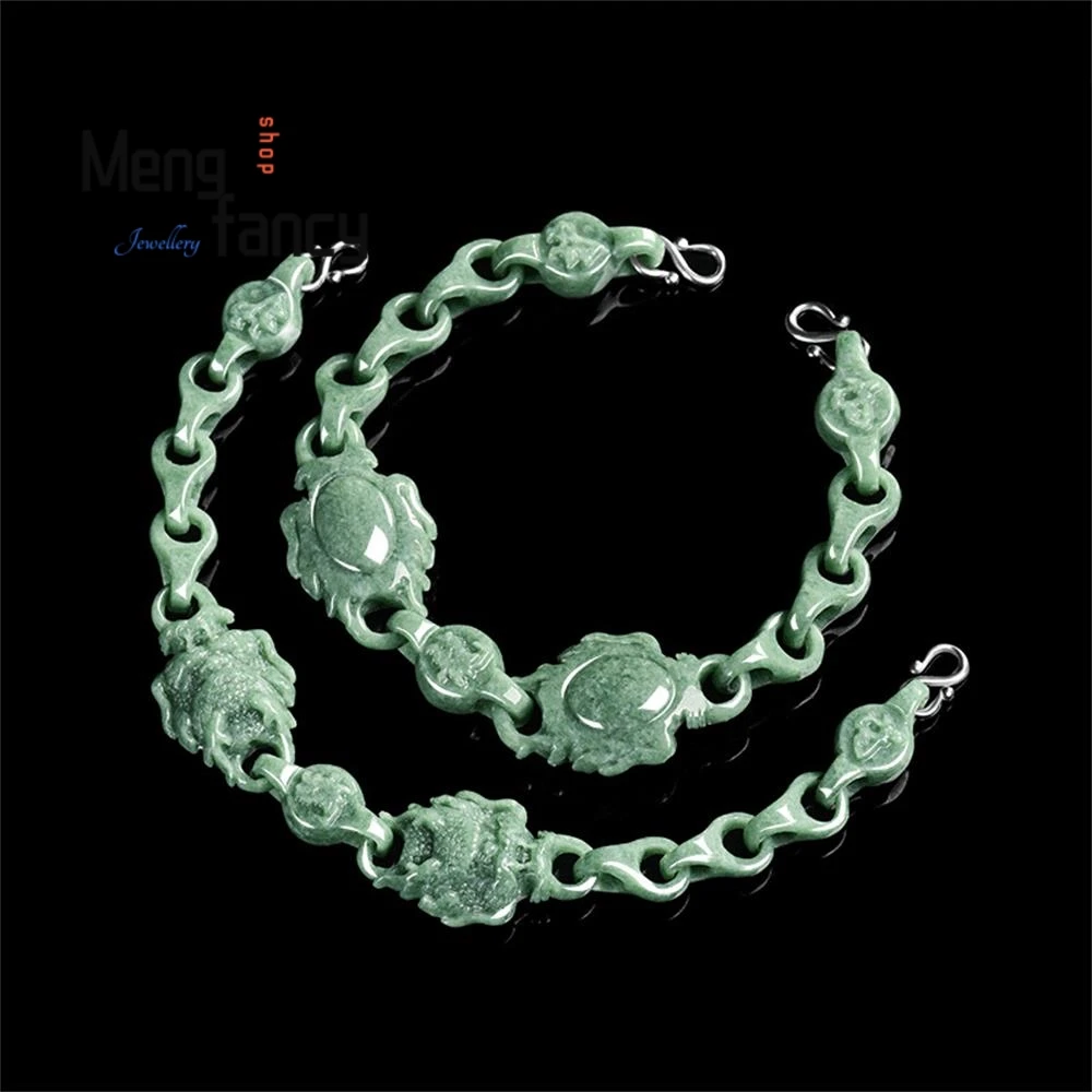 

Natural A-grade Jadeite With A light Green Color"Domineering"Double Dragon Each link is Interlinked Bracelet High-grade Jewelry