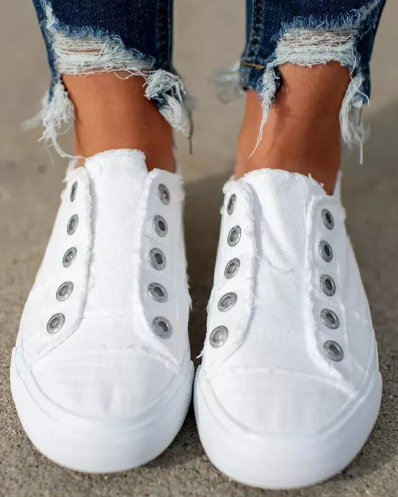 Women Shoes Casual Daily Wear Flat Solid Color Round Toe Eyelet Slip-on Canvas Sneakers