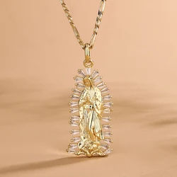 Inlaid Shiny Zircon Retro Virgin Mary Guadalupe Necklace 14KGold Plated Copper Chain And Pendant For Women Fashion Jewelry