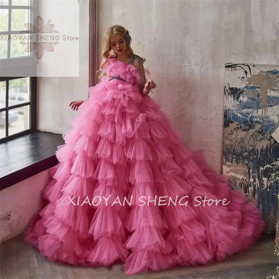 

Layered Tulle Puffy Pink Gorgeous Sleeveless Flower Girl Dress For Wedding Princess Child's Eucharistic Birthday Party Dresses