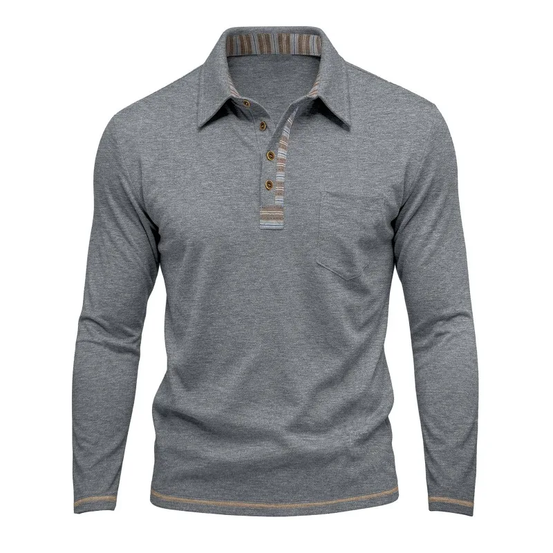 Men's Clothing with Button-up Lapels Long-sleeved Cotton POLO Shirts Cross-border Casual Fashionable Men's Top with Pocket Base