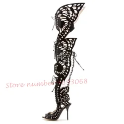 Butterfly Wings Long Sandals Women Sexy Cross Tied Black High Heels Hollow Out Puttee Shoes Lace-up Casual Summer Party Sandals