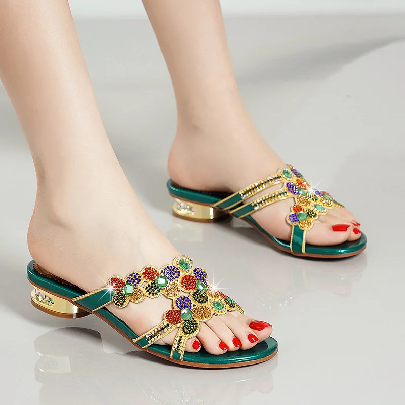 Comfortable Open Toe Summer Beach Slippers Women\'s Rhinestone Diamond High Heel Sandals Fashion Anti-slip Party Shoes