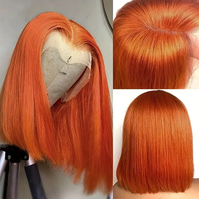 Perruque Bob Lace Wig Brésilienne Naturelle, Cheveux Courts Lisses, Orange, Pre-plucked, en Solde, pour Femme