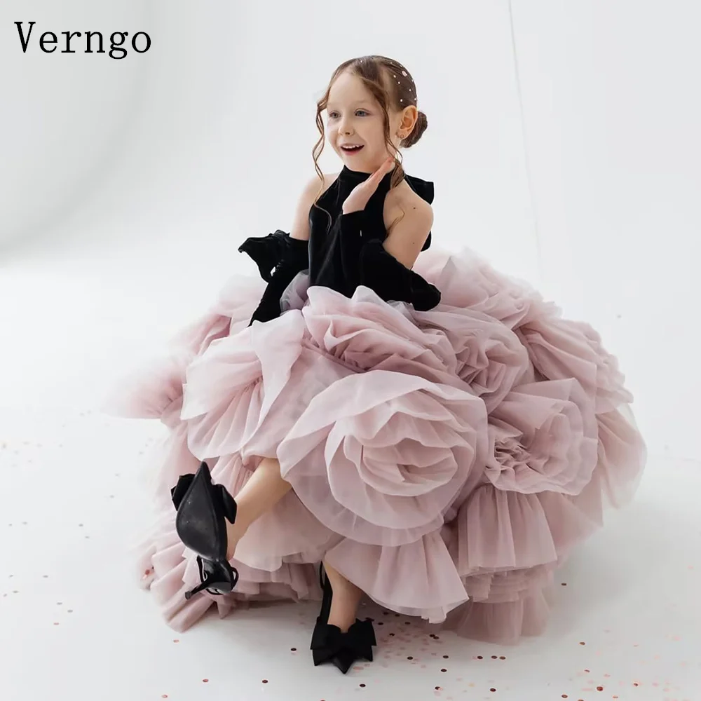 

Verngo Princess 3D Flowers Girl Flowers Dress O Neck Birthday Party Gown Mini Wedding Dress Kids Ball GownVestidos de Noiva