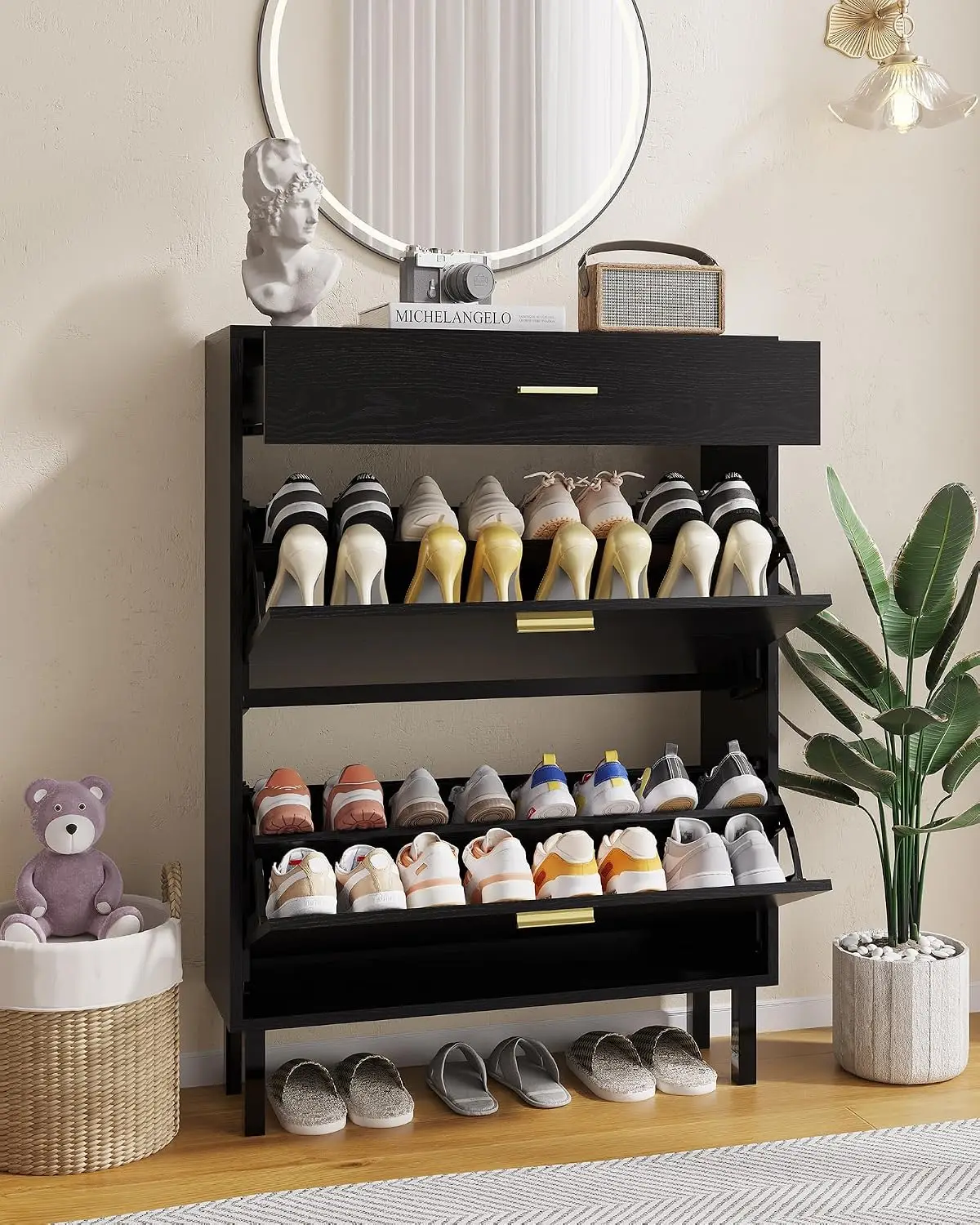 Narrow Shoe Cabinet Storage for Entryway, 3 Drawers, Ultra Thin Shoe Cabinet, Freestanding Shoe Organizer Wooden with 3-Tier Adjustable Shelves for Entryway,Hallway,Porches,Mudroom