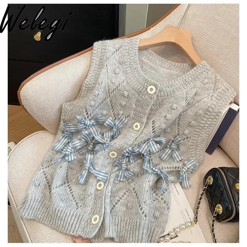 

Sweet Bow Vest Top Korean Fashion New Ropa Para Mujer 2024 Autumn and Winter Fashion Versatile Knitted Hollow Cardigan Waistcoat