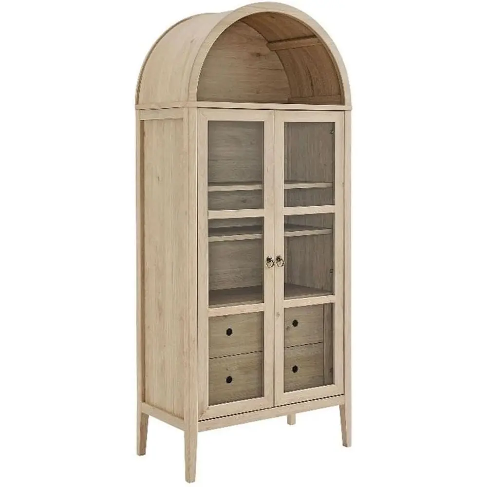 

Light Oak 71 Tall Arched Display Cabinet - 4-Tier Bookcase with Glass Doors & Shelves for Living Room