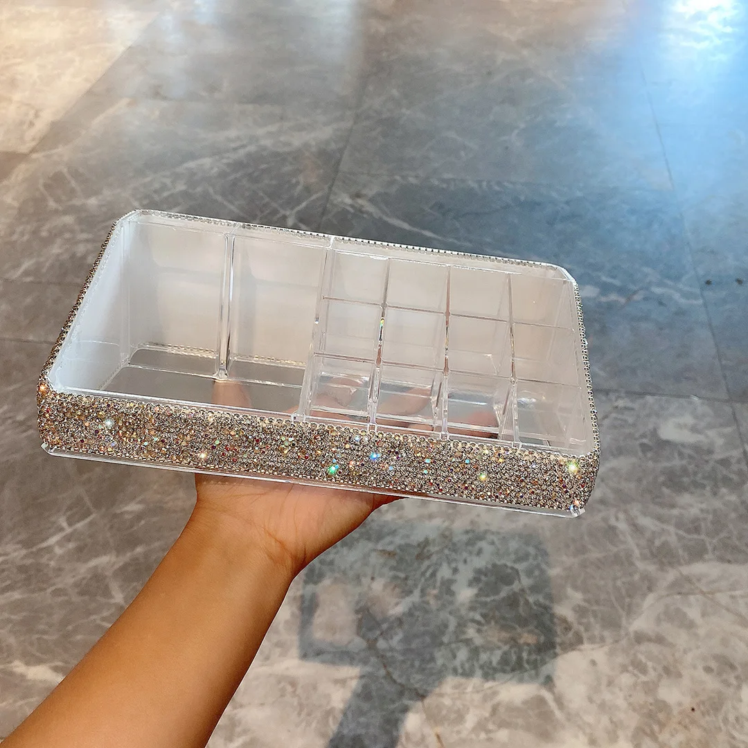 Rhinestone Acrylic Lipstick Storage Case 16 Grid Diamond Makeup Organizer Storage Box Nail Polish Cosmetic Display Stand Holder