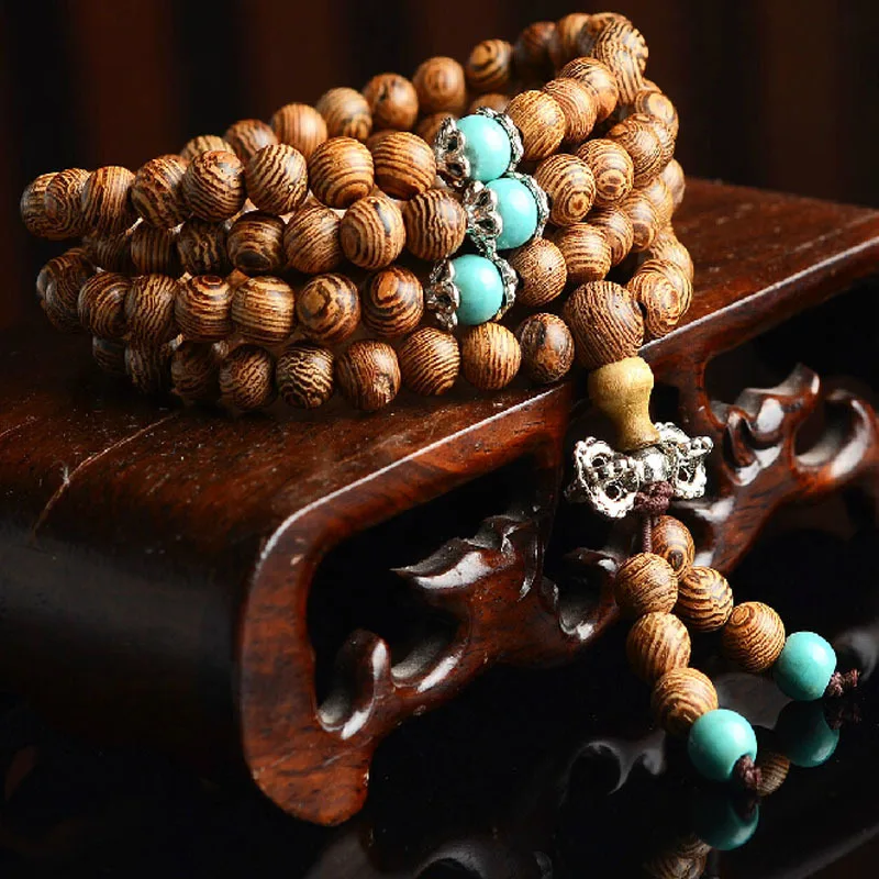 Door Frame Wooden Single-Wrap Bracelet with Turquoise Tibetan Rift Grain Ball Bracelet Crafts Necklace Unisex