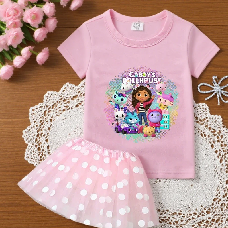 

Gabby Dollhouses T-shirt Skirts Set Kids Cartoon Short Sleeves Kawaii Tops Dot Dresses Clothe Suit Baby Tee 2pcs Clothing Outfit