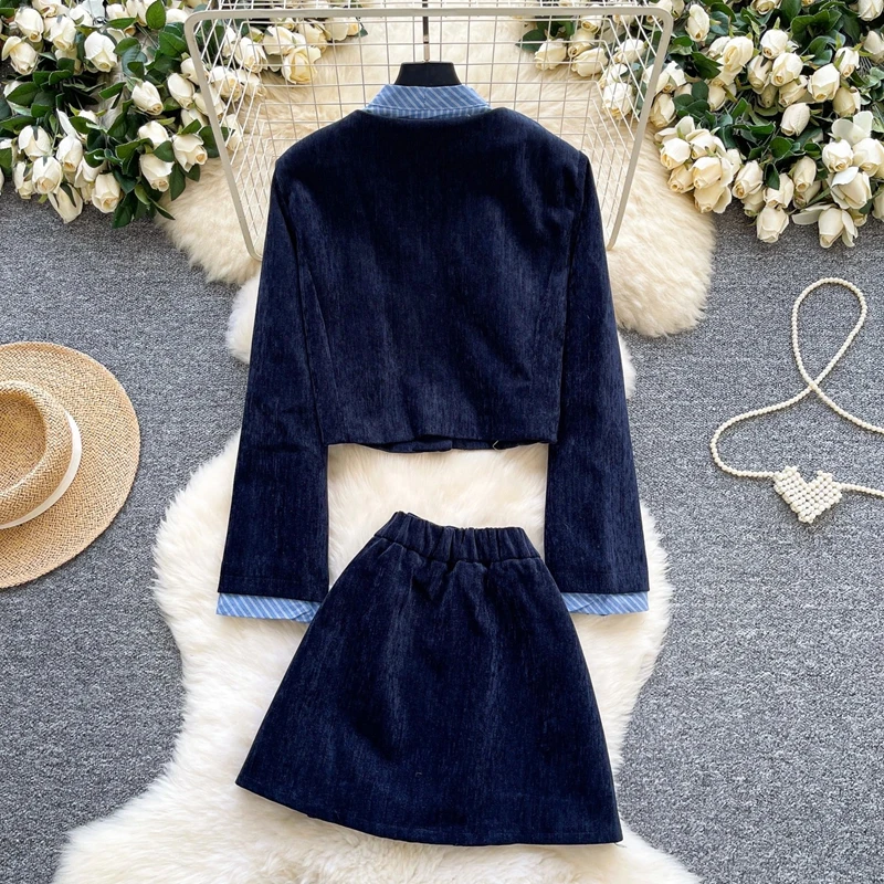 College Style Age Reducing Women's Autumn Winter Vacation Two-Piece Bow Tie Tied Long Sleeved Jacket High Waisted A-Line Skirt
