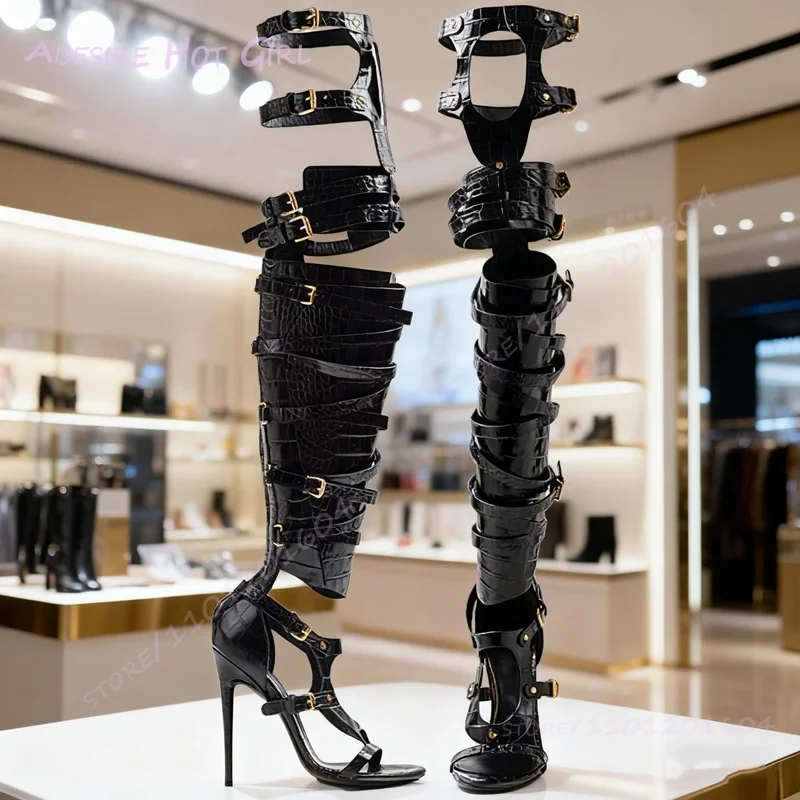 

Hollow Thigh Sandals Boots Knee Buckle Striped Black Belt Buckle Design Silver Heels Women Gold Metal Shiny Silver Sequin Shoes