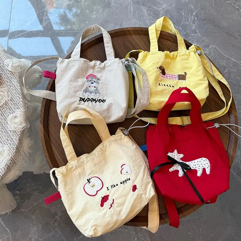 

Cute Embroidery Women's Drawstring Shoulder Bag Cartoon College Girls Book Tote Shopping Bags Large Capacity Traveling Bag