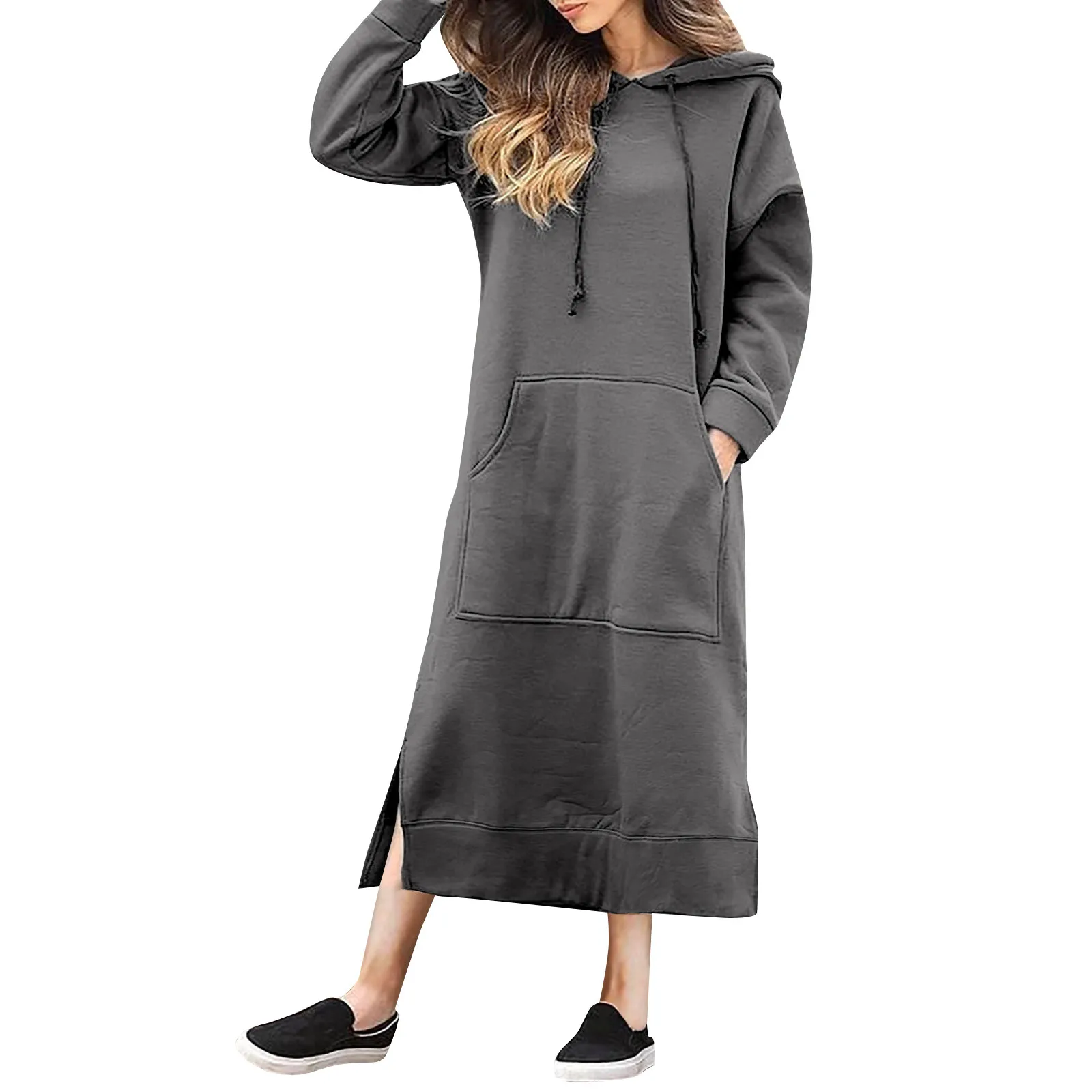 

Loose Women'S Dresses Hooded Long Split Casual Pullover Solid Sweatshirt Dress Women Big Size Autumn Winter