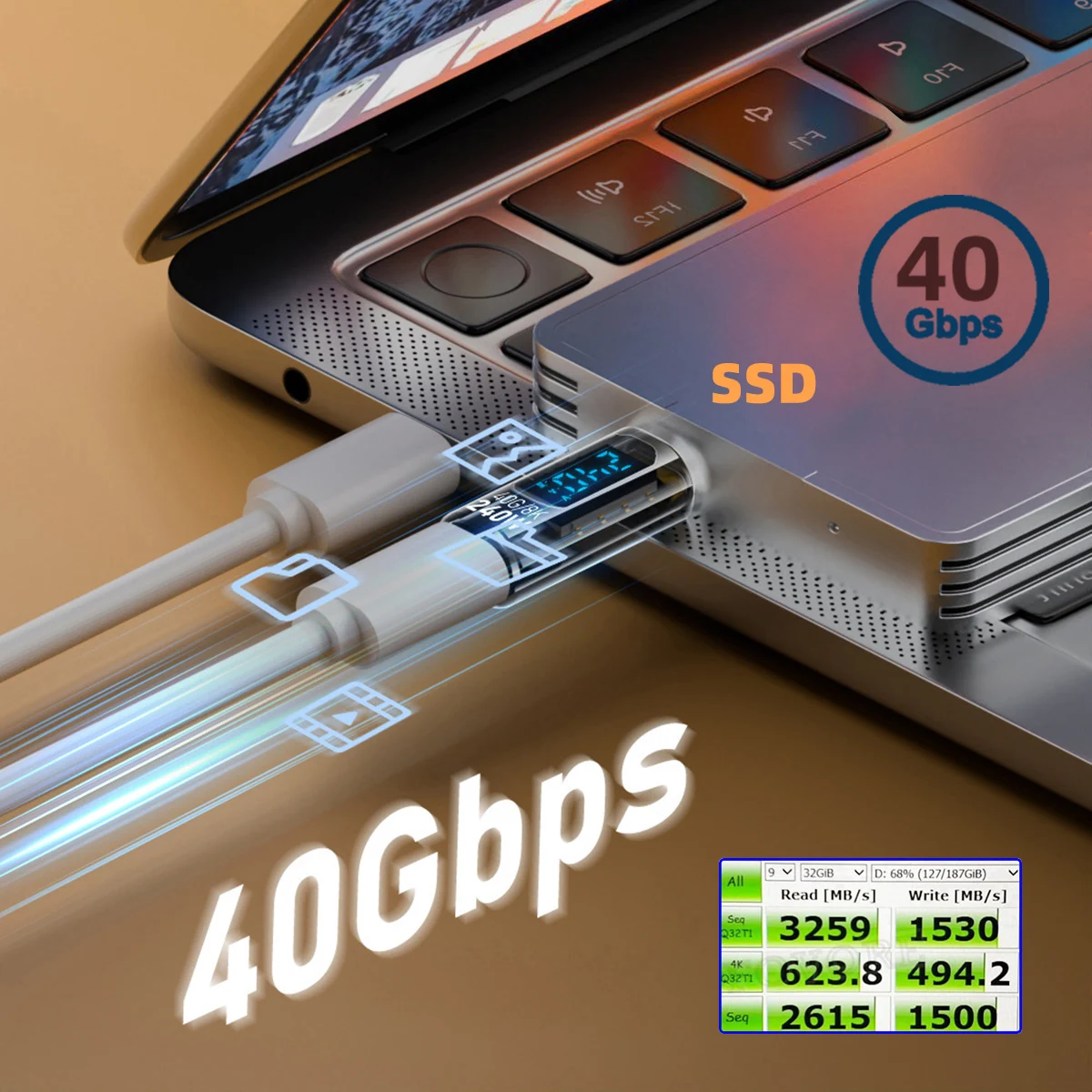 Cablecc 240w tipo-c display led inteligente usb4 macho para fêmea adaptador de extensão usb4.0 40gbps detector de testador de monitoramento