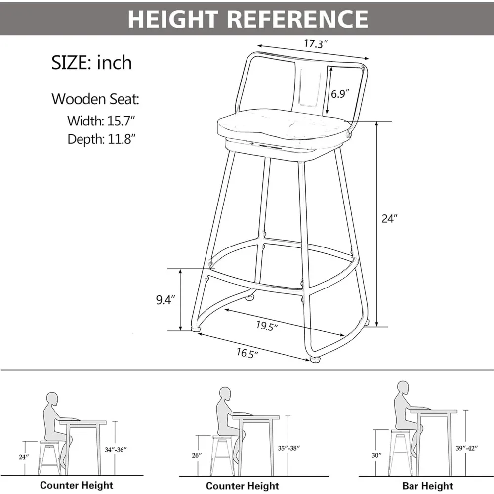 24 Swivel Bar Stools with Backs Set of 2 Metal Counter Height Bar Chairs with Wooden Seat Industrial Barstools Matte B