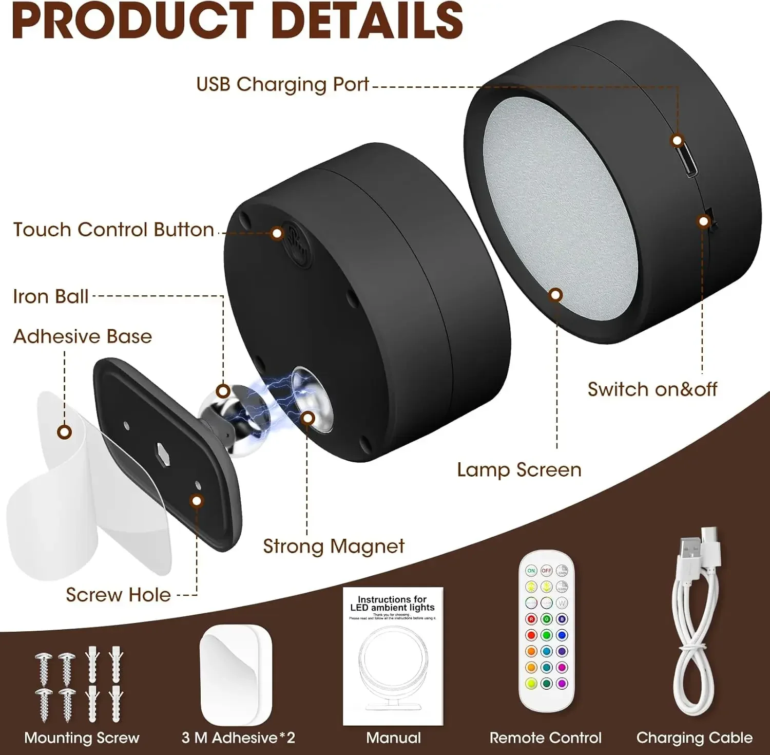 Luci da parete a LED F5 con applique da parete magnetiche wireless remote Lampada da comodino per camera da letto ricaricabile USB dimmerabile a 3 colori