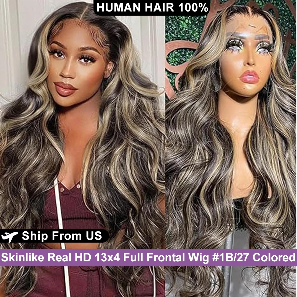 Lemoda Skinlike Real HD Lace 13x4 Full Frontal Wig Human Hair 1B/27 Colored Wig Highlight Omber Body Wave Virgin Wig 180 Density