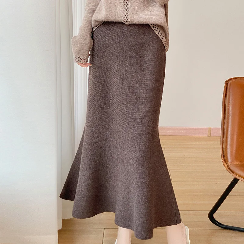 Women's Mid-Calf Skirt 100% Pure Australian Wool Knit Formal Dress Mocha 5 Colors Available Free Shipping JN 2025