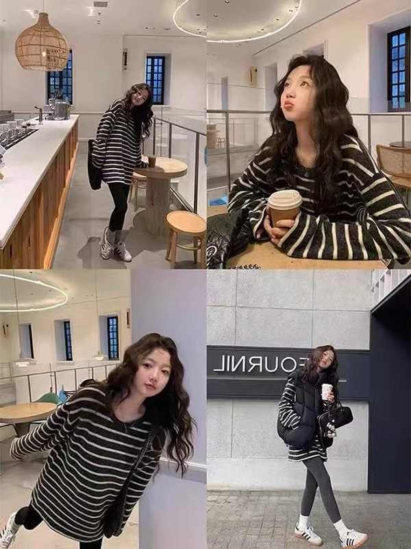 

plus Size 300 Pou Casual Stripe T-irt Women Plump MM Autumn Winter Soft Woolen Base Layer Warmth Clothes Trendy