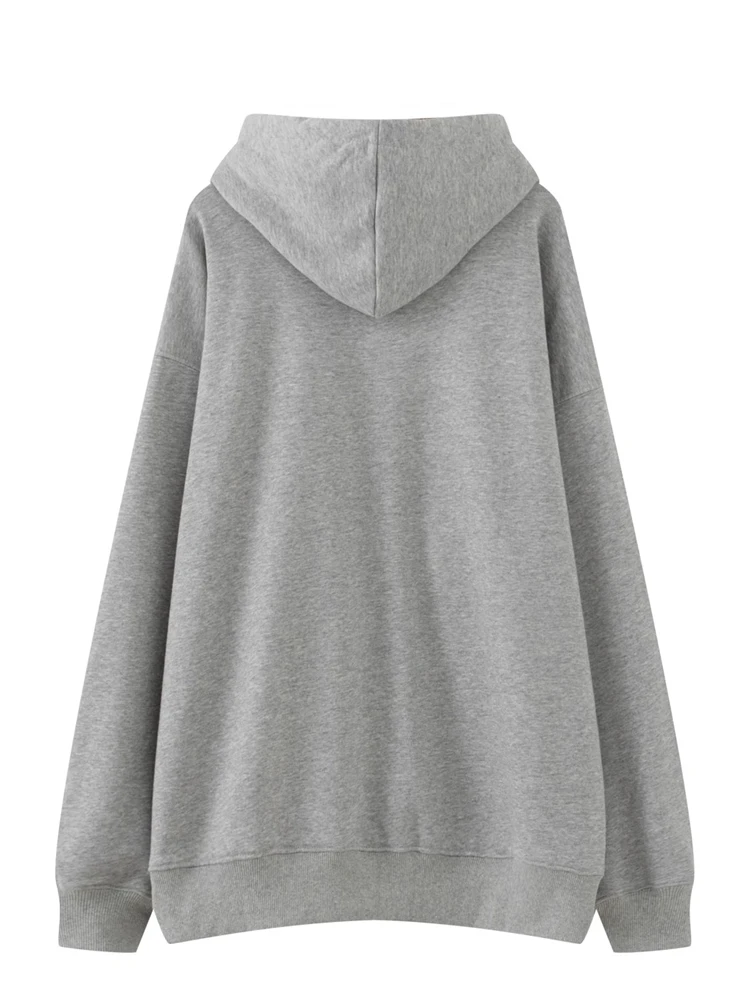 PUWD Casual  Women Loose Grey Pocket Sweatshirts 2023 Autumn Fashion Letter Embroidery Hooded Tops Chic Female Pullovers