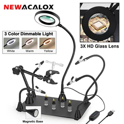 NEWACALOX Soldering Helping Hands with 3X LED Magnifying Lamp, 4 Magnetic Flexible Metal Arms PCB Holder, 360 Hot Air Gun Braket