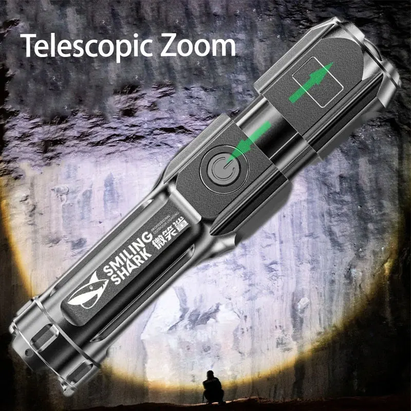 Powerful LED Flashlight with Telescopic Zoom Strong Light Tactical Torch Portable Long-Range Flood Camping Spotlight