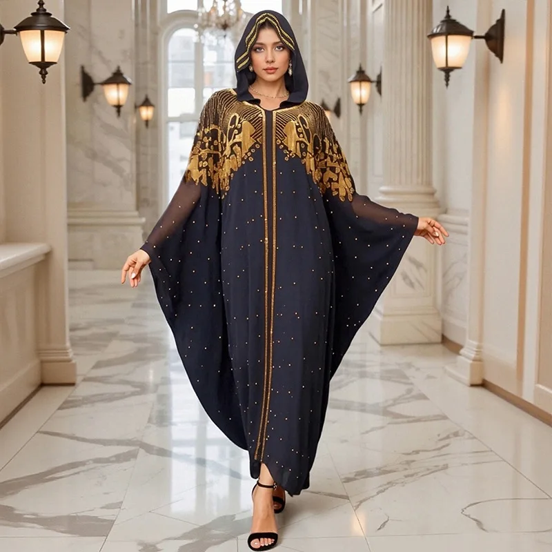 Diamanten Kapuzen Abaya 2PCS Set Modest Frauen Afrikanische Ankara Dashiki Kleid Marokko Kaftan Islamischen Kaftan Modest Gebet Kleidung