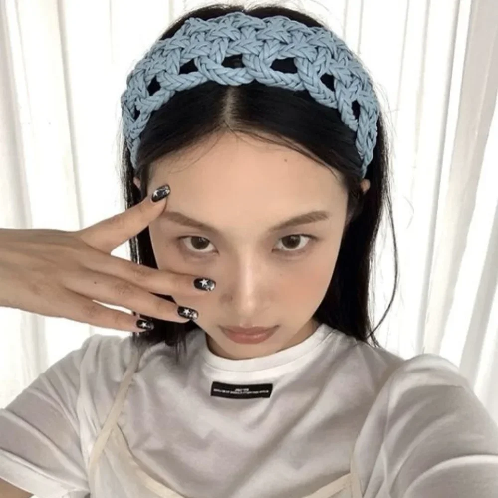 

Wide Side PU Leather Weave Hairband Solid Color Geometric Braid Headband Headwear Hollowed Out Weave Style Hair Hoop