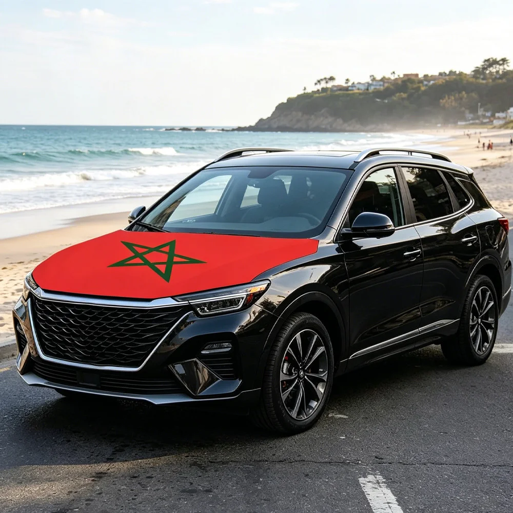 National Morocco Flag Banner Car Hood Cover Flag Elastic Fabrics Engine Cover, Stretch Fabric Cover, Detachable Auto Accessory