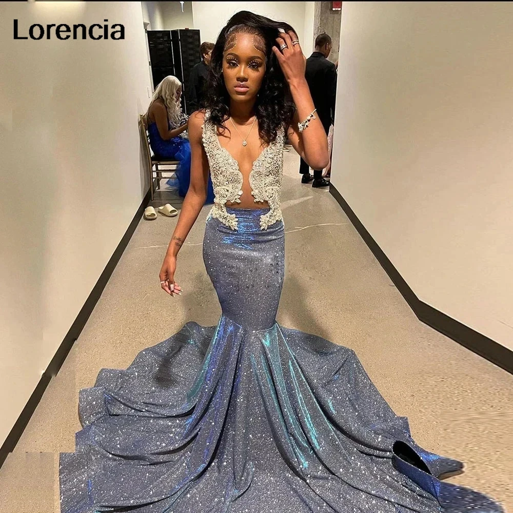 

Customized Silver Mermaid Seuqins Prom Dress For Black Girls Beaded Crystals Evening Party Gala Gowns Robe De Soiree YPD151