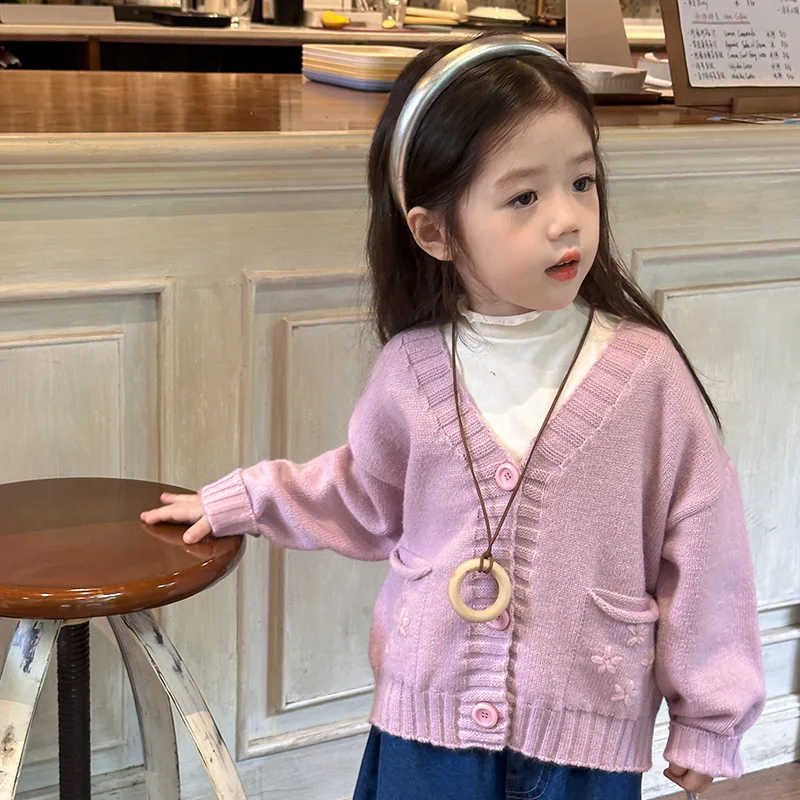 Girls Suit 2024 Autumn New Childrens Wear Korean Style Baby Girl Relaxed Cardigan Sweater Lace Jeans Two-piece Set Casual