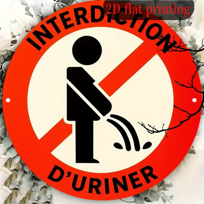 2D Flat, 1pc Vintage French Urination Prohibition Sign -  Red/Black/White Metal No Peeing Symbol with French Text  Bars, Parks