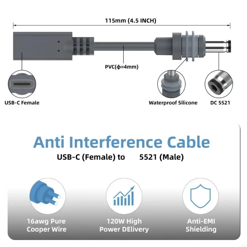 USB Type C Female to DC5521 Male Power Conversion Cable with PVC Sheathing and Molded End Supports for Equipment Using the 24BB