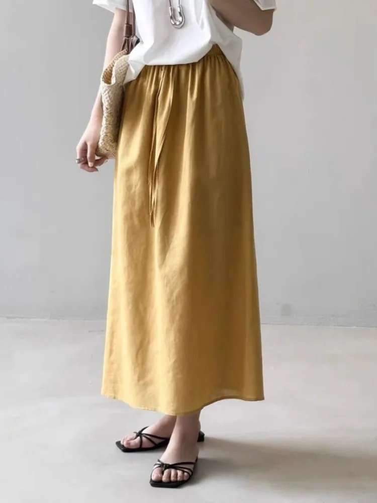 

Свободная хлопковая льняная прямая юбка, женская корейская юбка с эластичной резинкой на талии, большие размеры, утягивающая юбка-миди трапециевидной формы, повседневная одежда