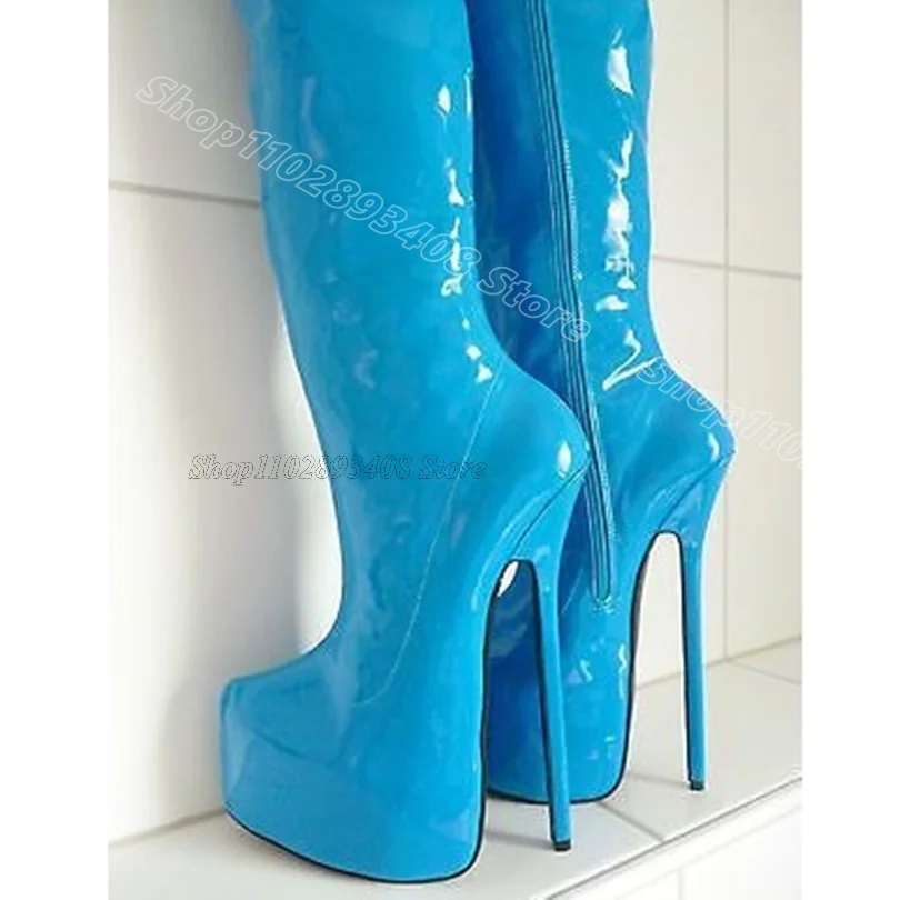 

Blue Platform Stiletto Concise Boots Round Toe Side Zipper British Style Patent Leather Women Sexy Boots Zapatos Para Mujere