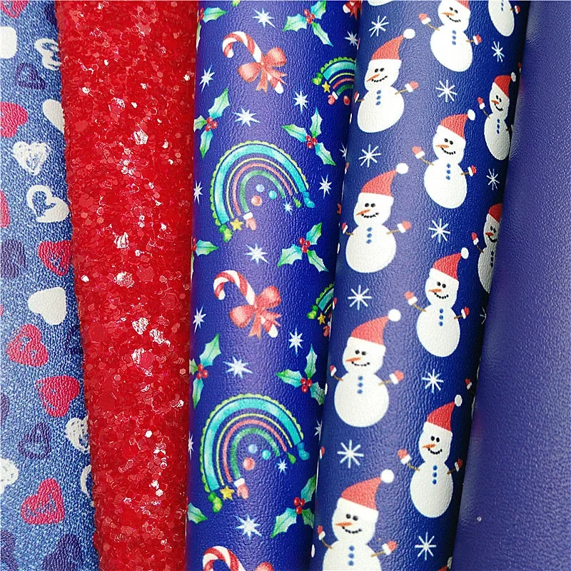 Red Glitter Leather sheets Snowmen Hearts Rainbw Printed Synthetic Leather  For Bags Shoes Bows DIY Craft Sheets Mini Rolls W284