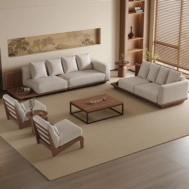 Solid wood sofa combination, new Chinese Zen straight row of three people, small apartment living room furniture