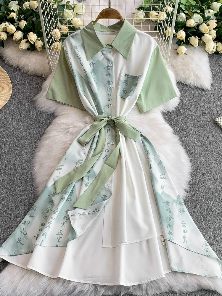 فستان صيفي نسائي جديد بتصميم صيني مع طباعة زهور وياقة مقلوبة وأكمام قصيرة، فستان طويل غير متماثل يبرز الخصر ويمنح مظهراً نحيفاً #5