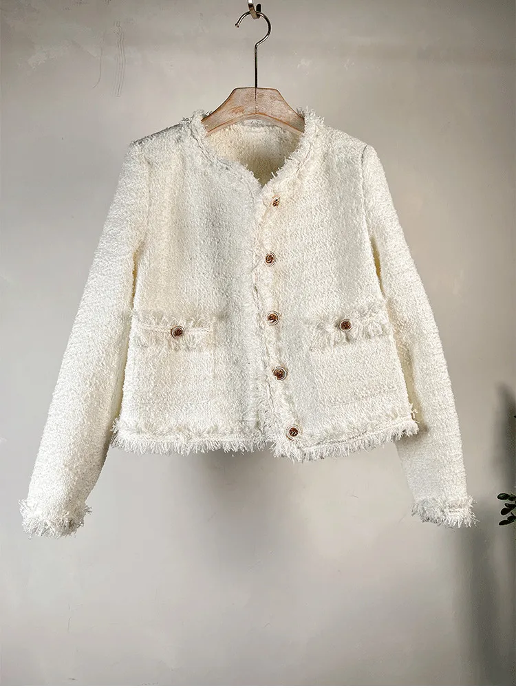 

Autumn Winter Long Sleeves Tassels Fashion Tweed Short Female Jacket Vintage Round Neck Casual Korean Chic Basic Women Coat