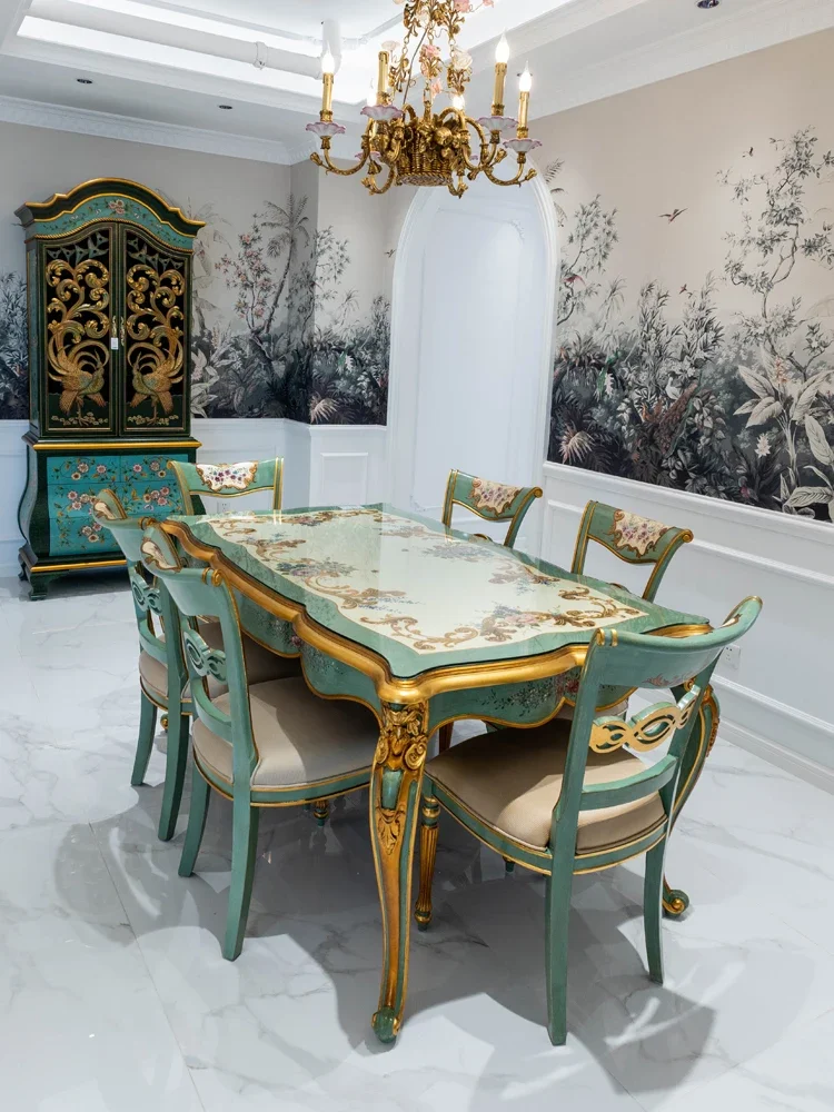 Green square large dining table solid wood hand-painted carving with gold foil 1.7 meters French villa dining chair