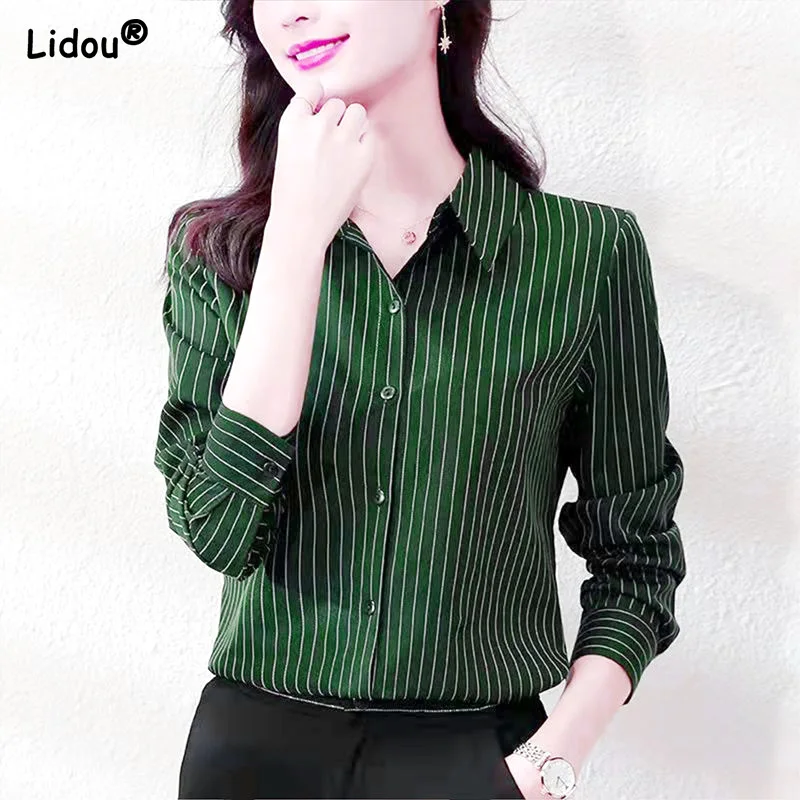 All Season Thin Blouses Straight Turn-down Collar Button Formal Temperament Casual Striped Women's Clothing 2022 Simple Capable