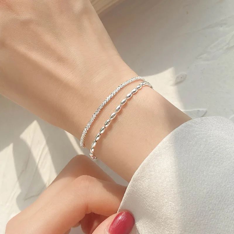 925 Sterling Silver Double Layer Bracelets For Women Korean Sparkling Adjustable Rice Grain Chain Bracelet Luxury Party Jewelry