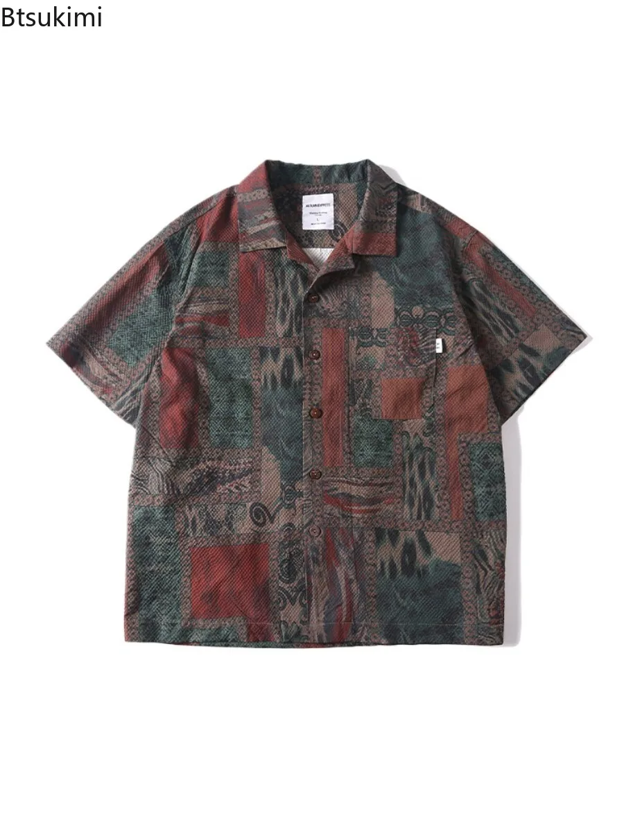 New Men's Summer Cuban Collar Printed Shorts Loose Casual Short Sleeve Cardigans Fashion Streetwear Vintage Beach Shirts Blouses
