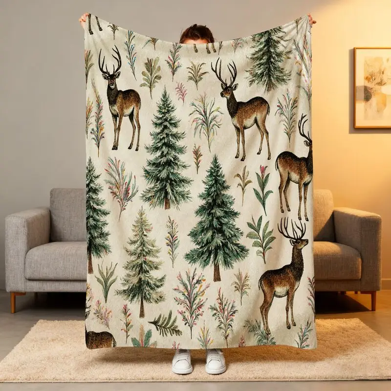 

Флисовое одеяло Beige Forest Deer — всесезонное покрывало в деревенском стиле для дивана-кровати в деревенском стиле