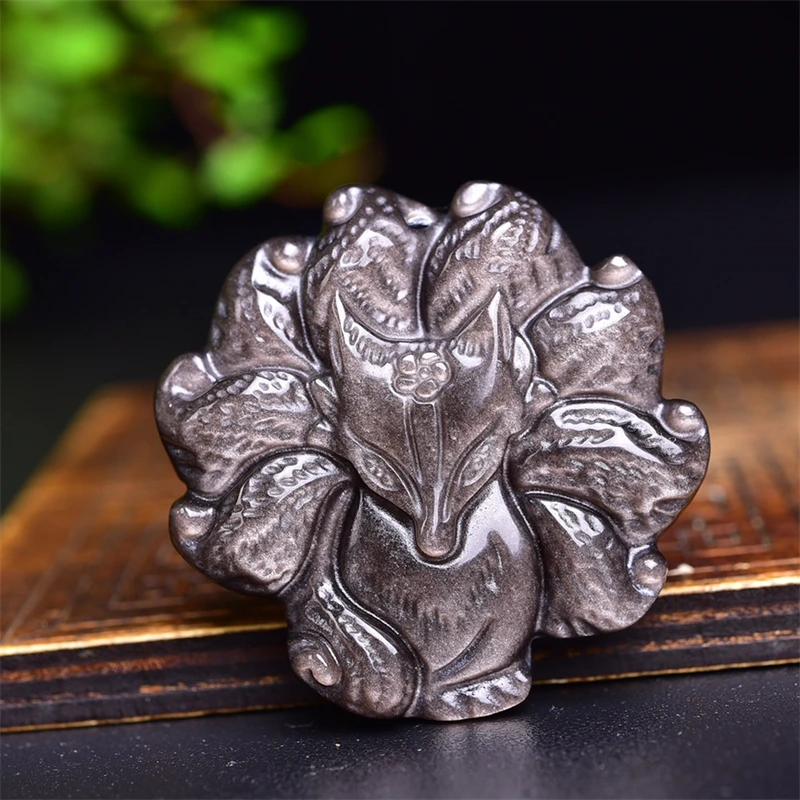 Natural Silver Obsidian Nine-tail Fox  Carving Pendant Healing Reiki With Hole Fashion Fengshui Jewelry Gemstone Gift 43x43x12MM