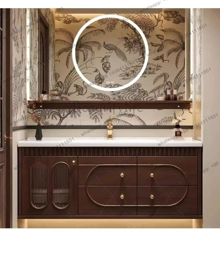 Chinese antique bathroom cabinet combination bathroom ceramic walnut integrated wash solid wood washbasin